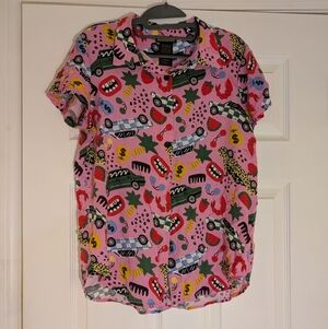 Nooworks Pink Button Down Shirt with Fun Print "Roll Out" XL